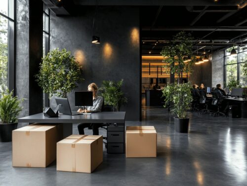 Mujer trabajando en un escritorio rodeada de cajas de mudanza en una oficina moderna, representando cambios en el entorno laboral.