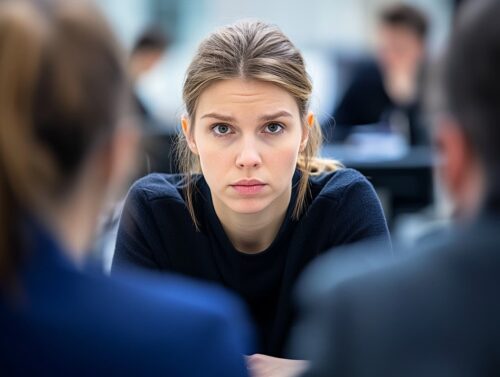 Primer plano de una mujer joven en un entorno de oficina, mirando con una mezcla de inseguridad y determinación, representando la experiencia de ser "la nueva" en el trabajo.