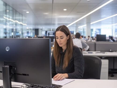 Mujer profesional trabajando como secretaria en una oficina moderna, revisando documentos en su escritorio con un ordenador frente a ella.