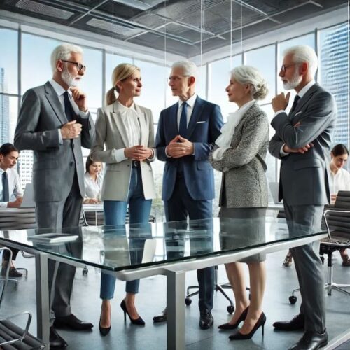 Grupo de profesionales senior en una reunión corporativa, compartiendo ideas y estrategias en un entorno moderno. 