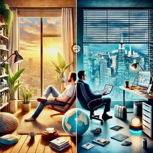 Comparación visual entre una persona disfrutando de una vida tranquila al amanecer y otra trabajando en un entorno de lujo urbano por la noche. 