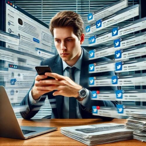 Hombre joven revisando notificaciones y publicaciones en redes sociales, reflejando la sobrecarga de información en la era digital. 