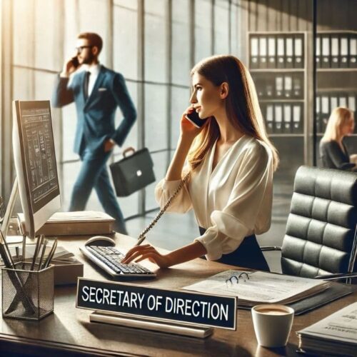 Secretaria de dirección trabajando en una oficina moderna, coordinando tareas estratégicas mientras se comunica por teléfono.